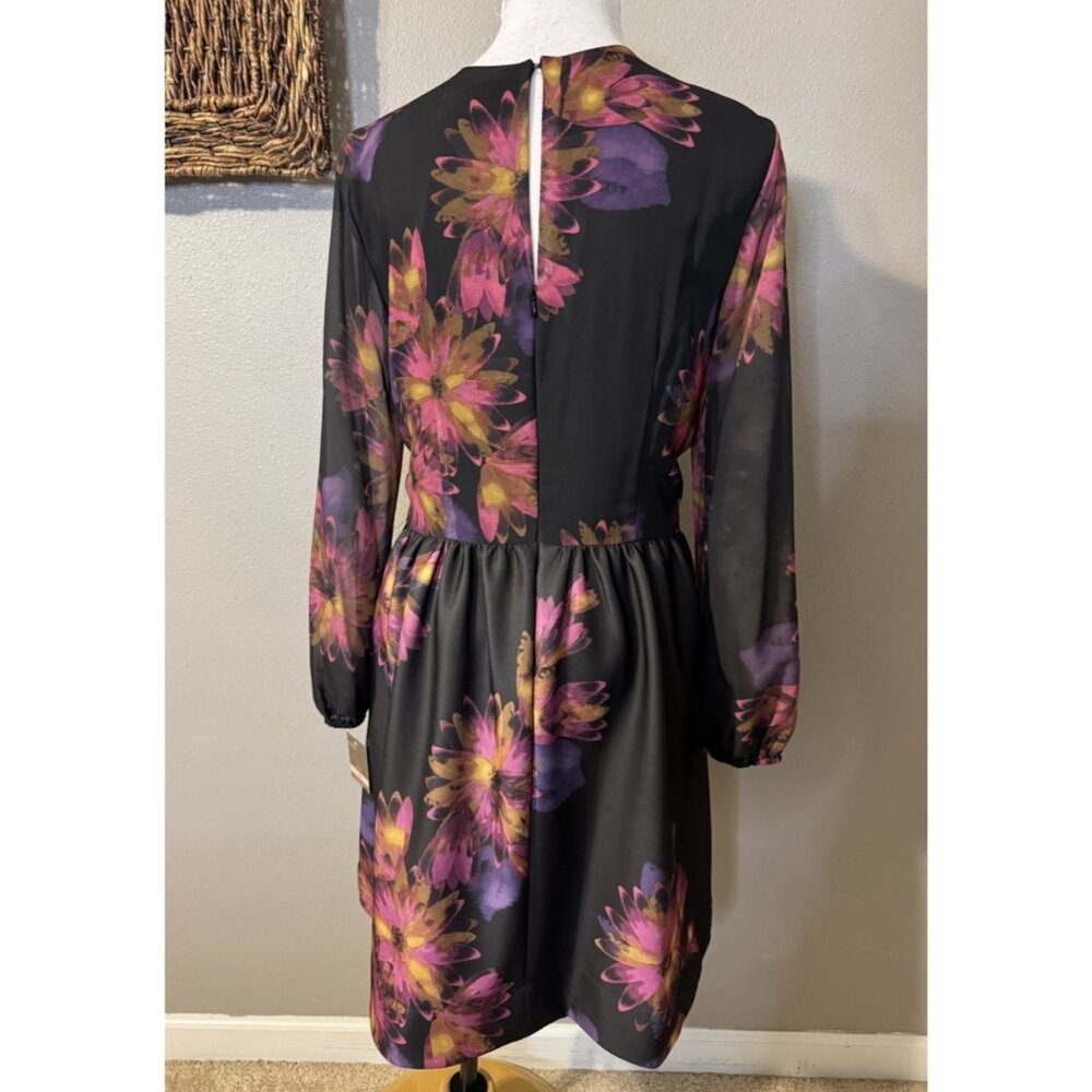 Taylor Dress 12 Black Plum Pink Floral Sheer Long Sleeve A Line Stretch NEW - Picture 14 of 15